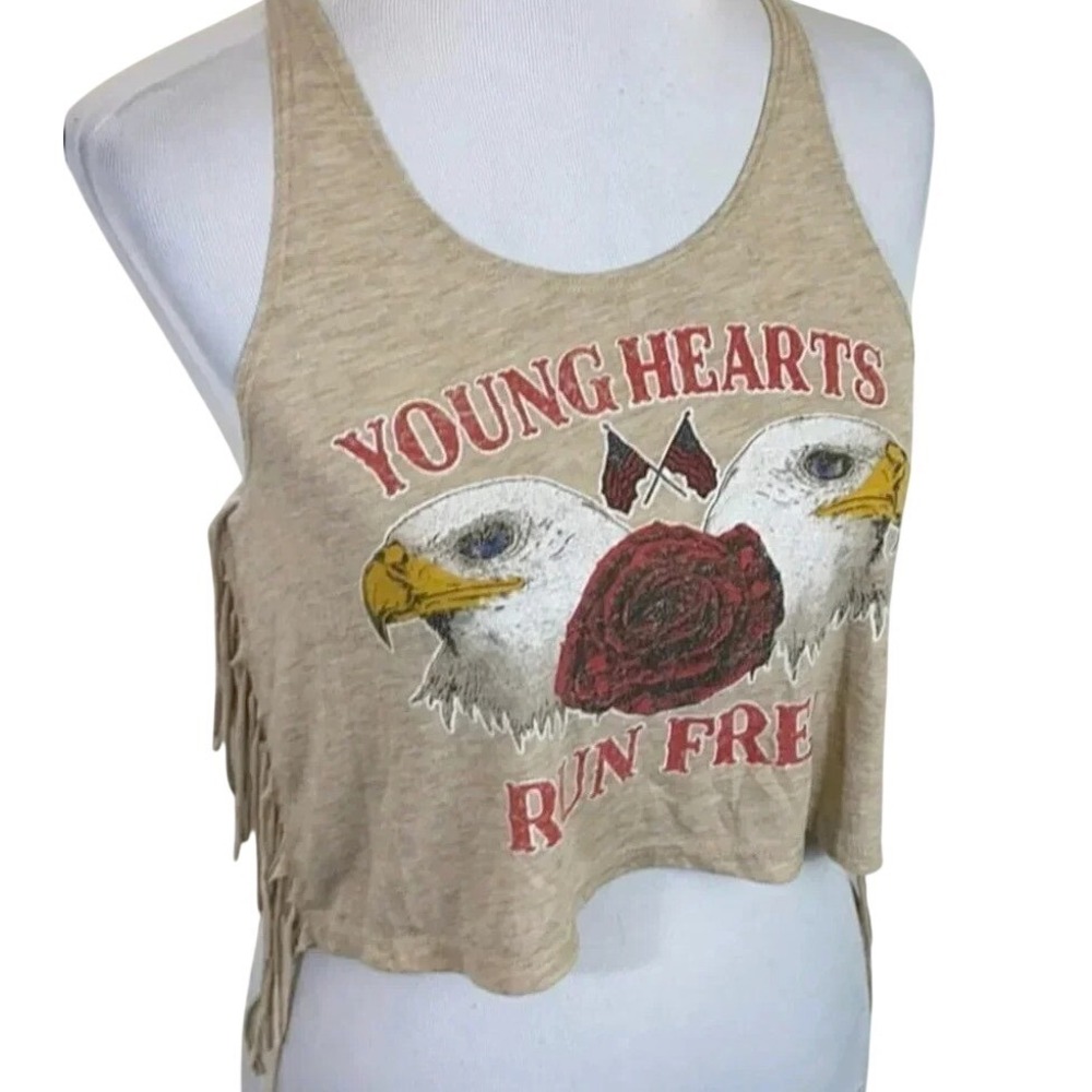 Forever‎ 21 Tank Top Medium Tan Young Hearts Run Free Eagle Fringe Cropped Boho